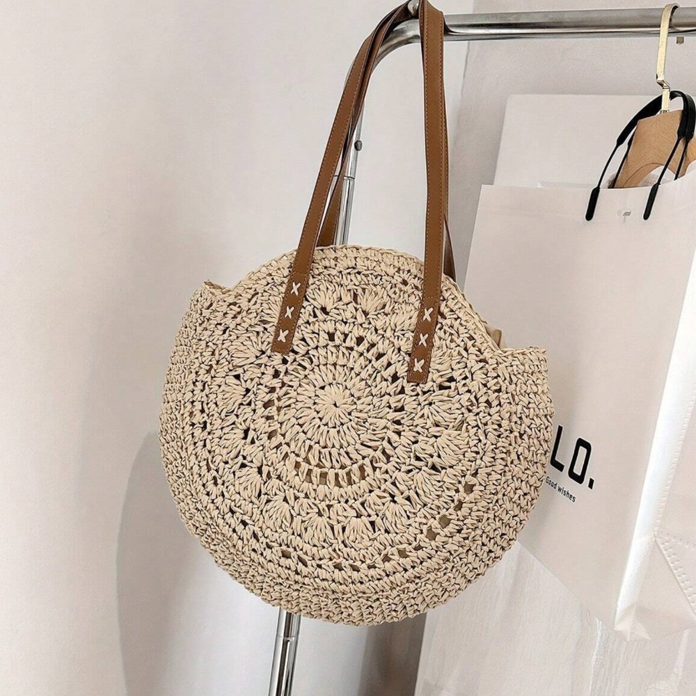 Oversized Straw Circular Lined Tote Shoulder top Handle Beach Bag - Picture 5 of 7